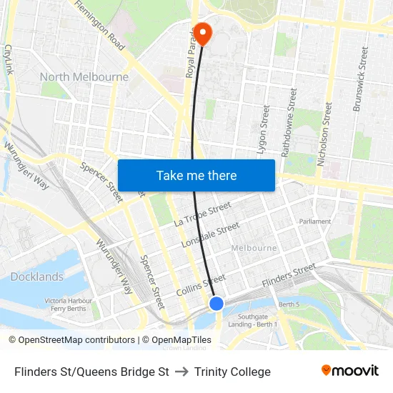 Flinders St/Queens Bridge St to Trinity College map