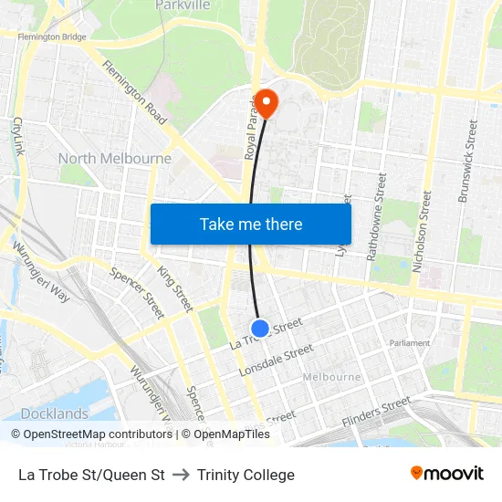 La Trobe St/Queen St to Trinity College map