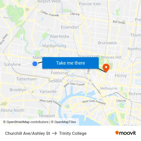 Churchill Ave/Ashley St to Trinity College map