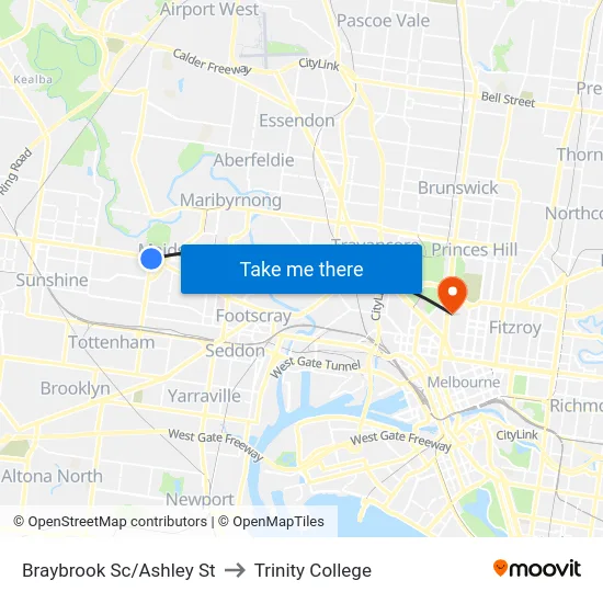 Braybrook Sc/Ashley St to Trinity College map
