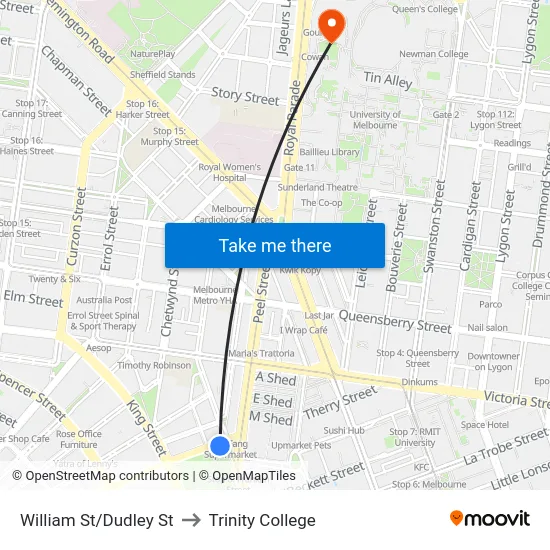 William St/Dudley St to Trinity College map