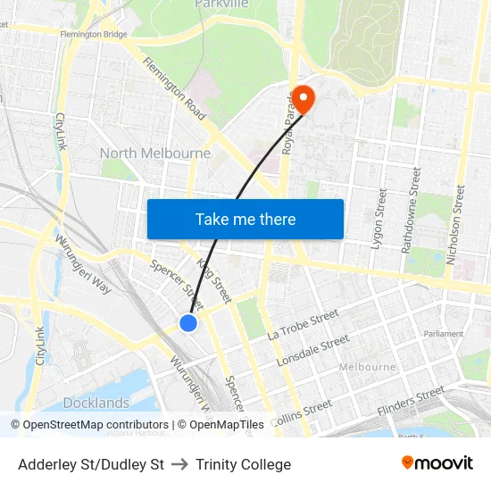 Adderley St/Dudley St to Trinity College map