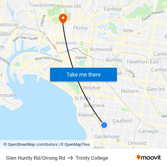 Glen Huntly Rd/Orrong Rd to Trinity College map