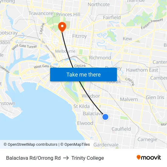 Balaclava Rd/Orrong Rd to Trinity College map