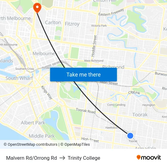 Malvern Rd/Orrong Rd to Trinity College map