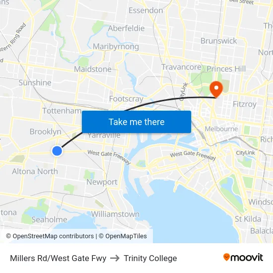 Millers Rd/West Gate Fwy to Trinity College map