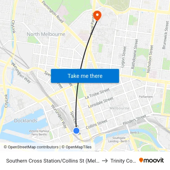 Southern Cross Station/Collins St to Trinity College map