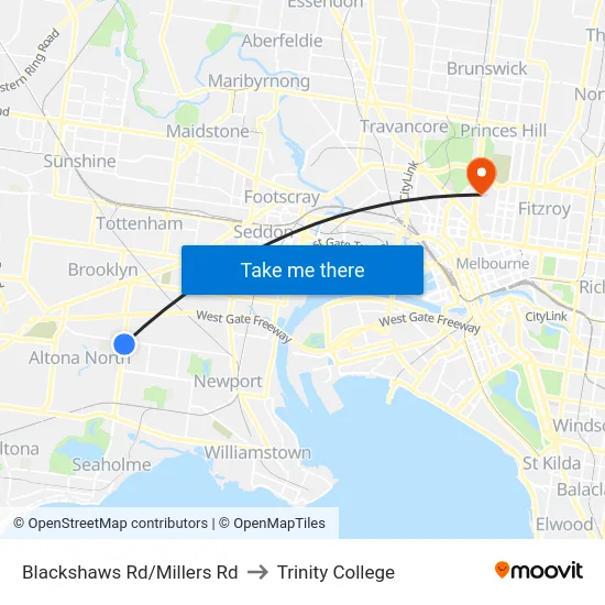 Blackshaws Rd/Millers Rd to Trinity College map