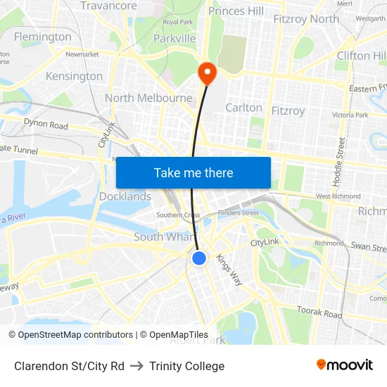 Clarendon St/City Rd to Trinity College map
