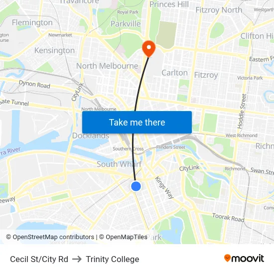 Cecil St/City Rd to Trinity College map