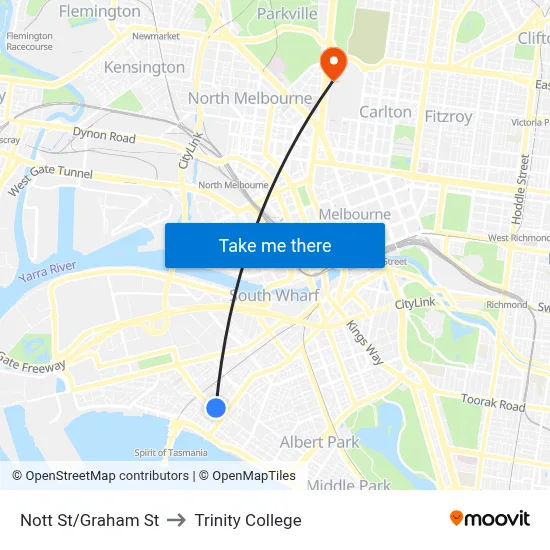 Nott St/Graham St to Trinity College map