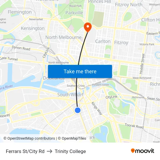 Ferrars St/City Rd to Trinity College map