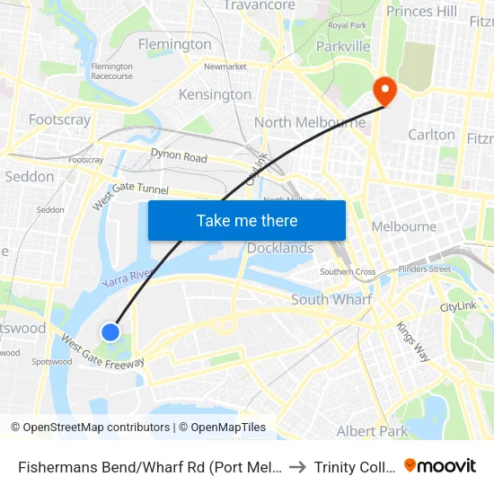 Fishermans Bend/Wharf Rd to Trinity College map