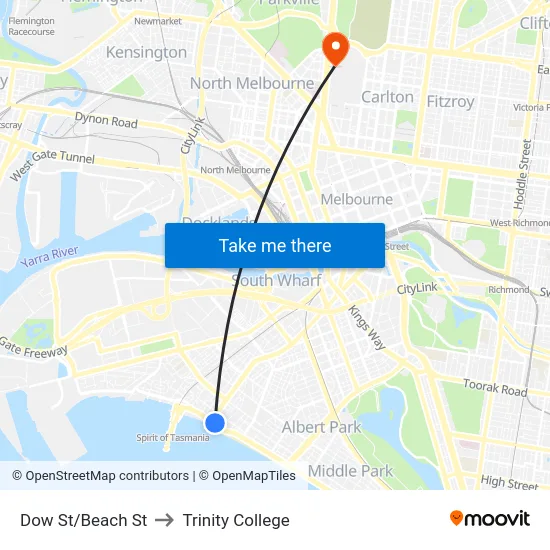 Dow St/Beach St to Trinity College map