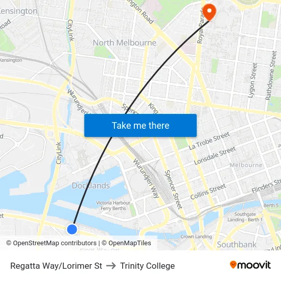 Regatta Way/Lorimer St to Trinity College map