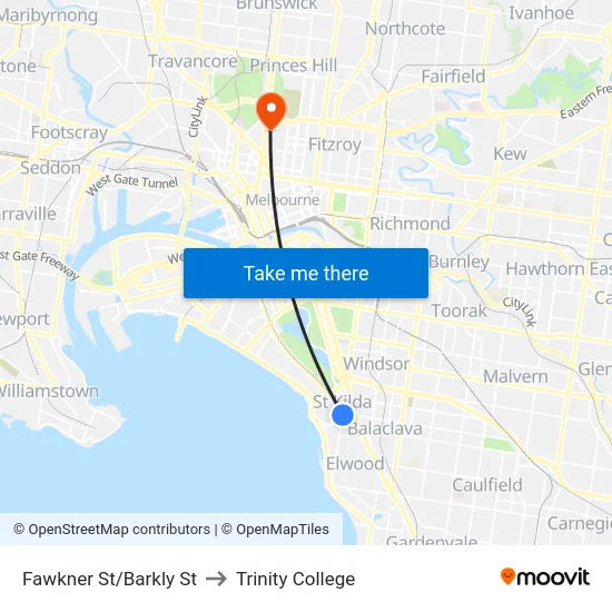 Fawkner St/Barkly St to Trinity College map