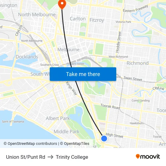 Union St/Punt Rd to Trinity College map