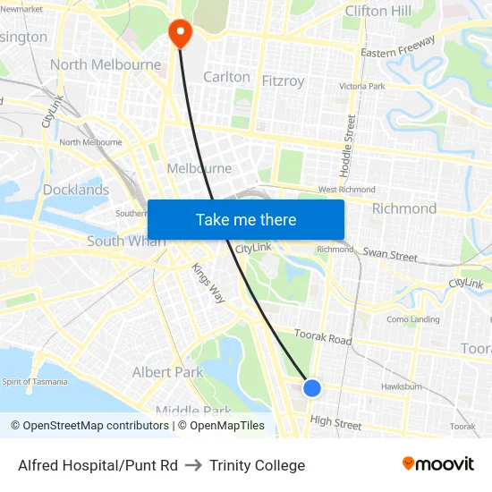 Alfred Hospital/Punt Rd to Trinity College map
