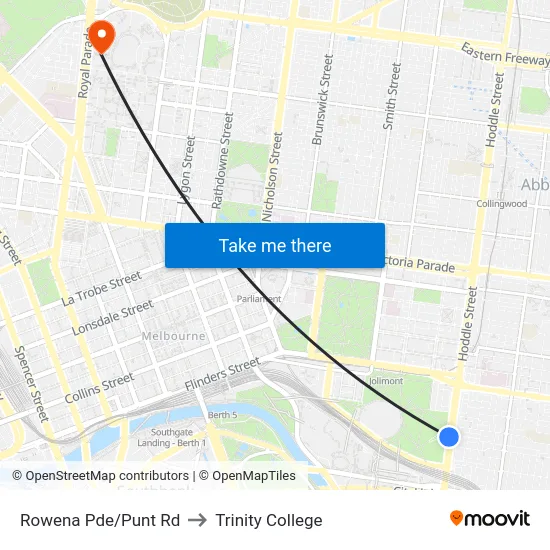 Rowena Pde/Punt Rd to Trinity College map