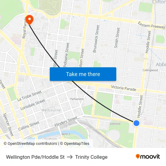 Wellington Pde/Hoddle St to Trinity College map