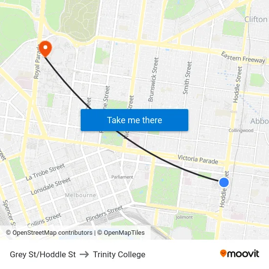 Grey St/Hoddle St to Trinity College map