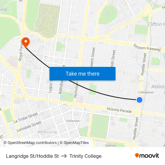 Langridge St/Hoddle St to Trinity College map
