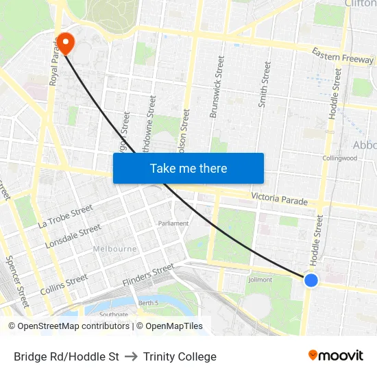 Bridge Rd/Hoddle St to Trinity College map