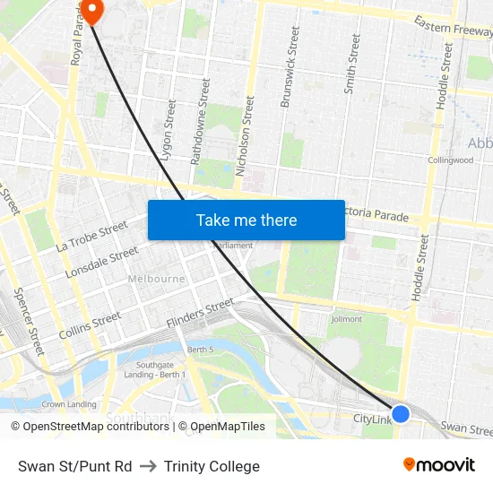 Swan St/Punt Rd to Trinity College map