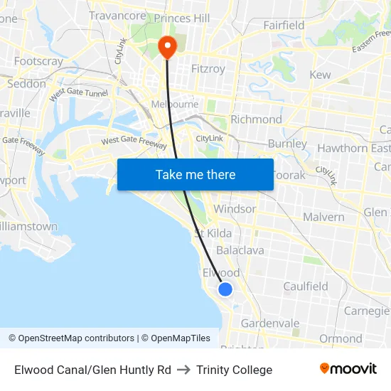 Elwood Canal/Glen Huntly Rd to Trinity College map