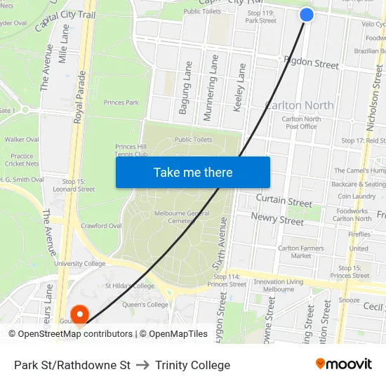 Park St/Rathdowne St to Trinity College map
