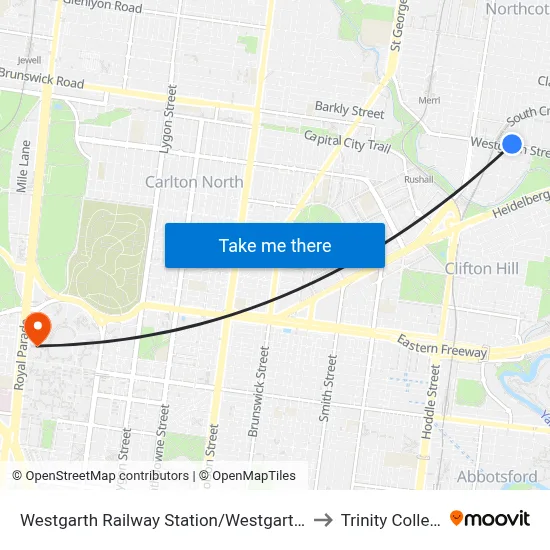 Westgarth Railway Station/Westgarth St to Trinity College map