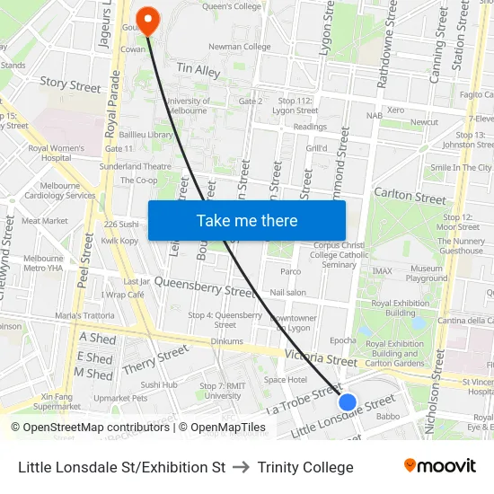 Little Lonsdale St/Exhibition St to Trinity College map
