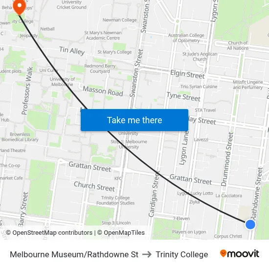 Melbourne Museum/Rathdowne St to Trinity College map