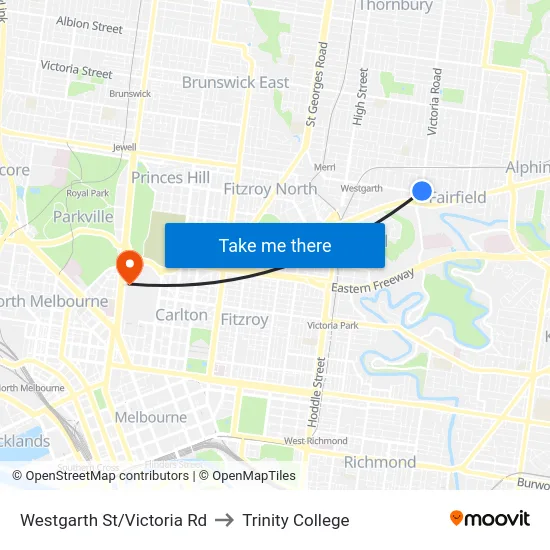 Westgarth St/Victoria Rd to Trinity College map