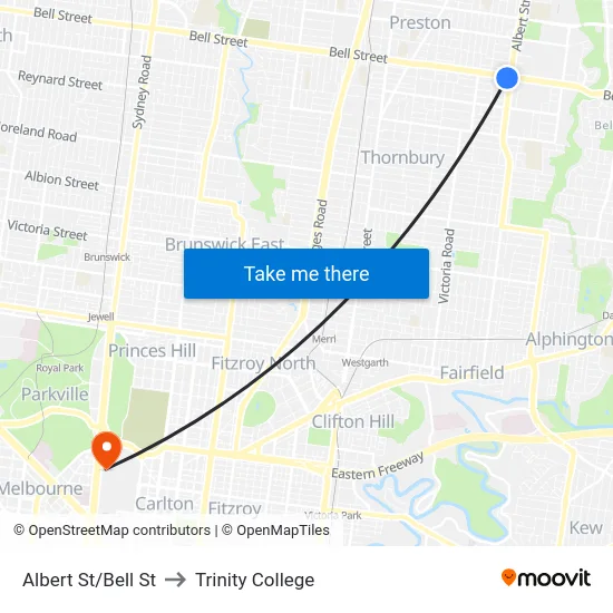 Albert St/Bell St to Trinity College map