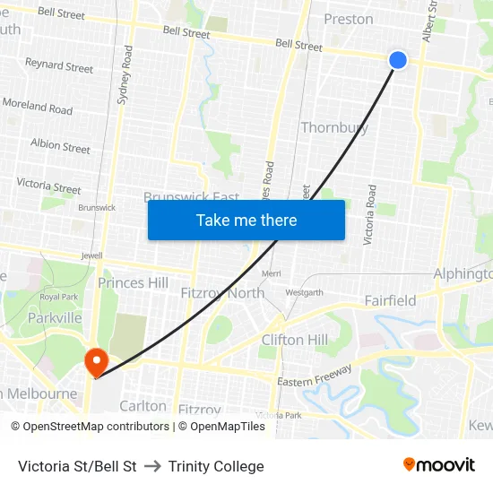 Victoria St/Bell St to Trinity College map