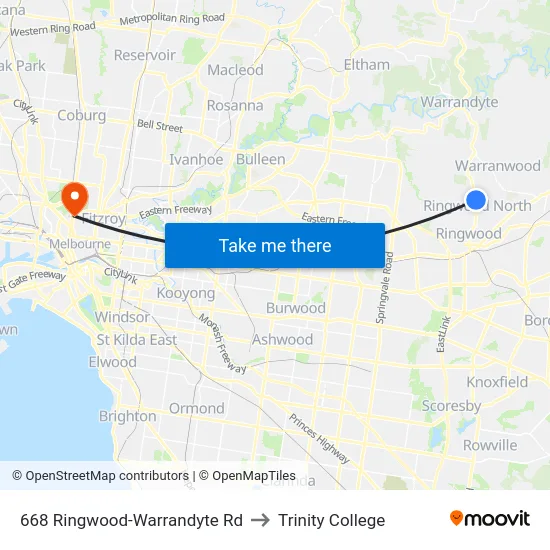668 Ringwood-Warrandyte Rd to Trinity College map