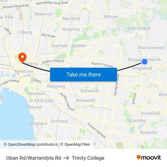 Oban Rd/Warrandyte Rd to Trinity College map