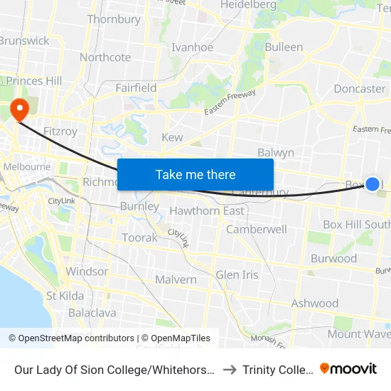 Our Lady Of Sion College/Whitehorse Rd to Trinity College map