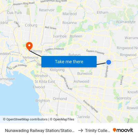 Nunawading Railway Station/Station St to Trinity College map