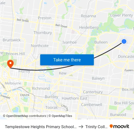 Templestowe Heights Primary School/High St to Trinity College map