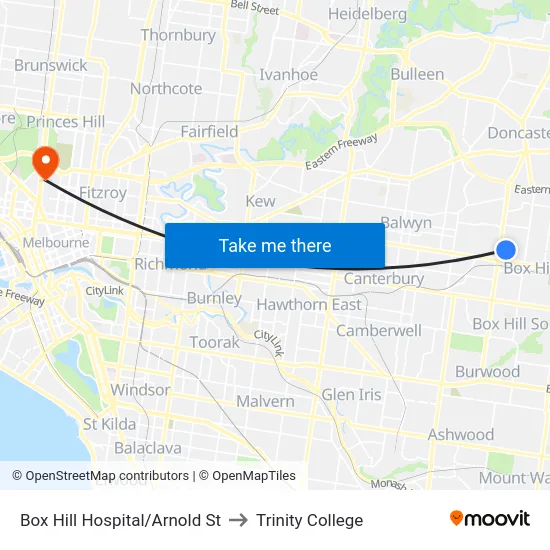 Box Hill Hospital/Arnold St to Trinity College map