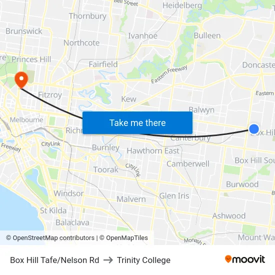 Box Hill Tafe/Nelson Rd to Trinity College map