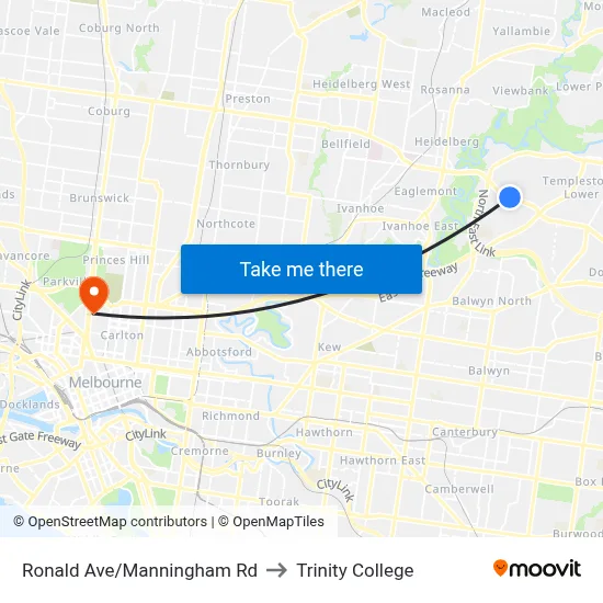 Ronald Ave/Manningham Rd to Trinity College map