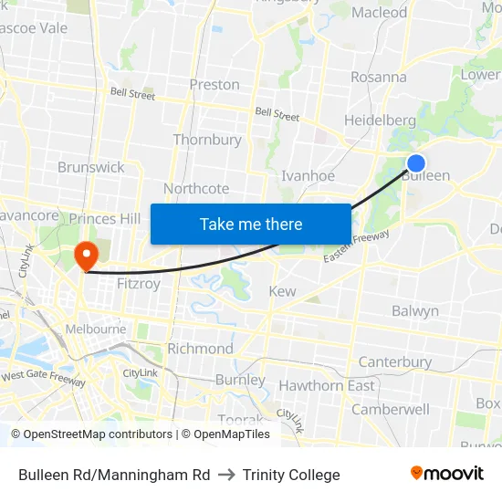 Bulleen Rd/Manningham Rd to Trinity College map