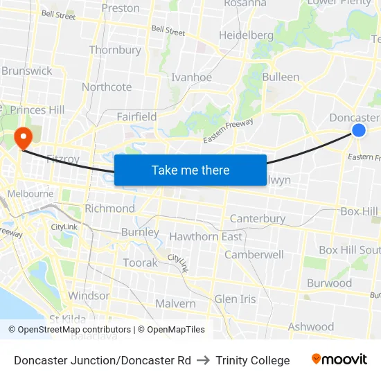 Doncaster Junction/Doncaster Rd to Trinity College map