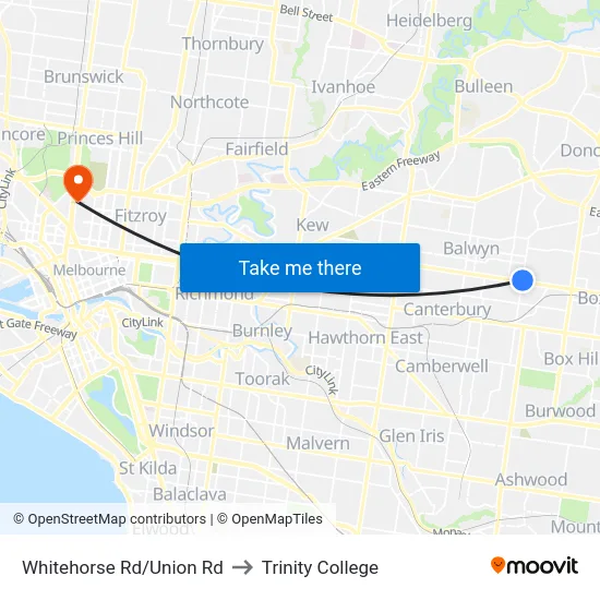 Whitehorse Rd/Union Rd to Trinity College map