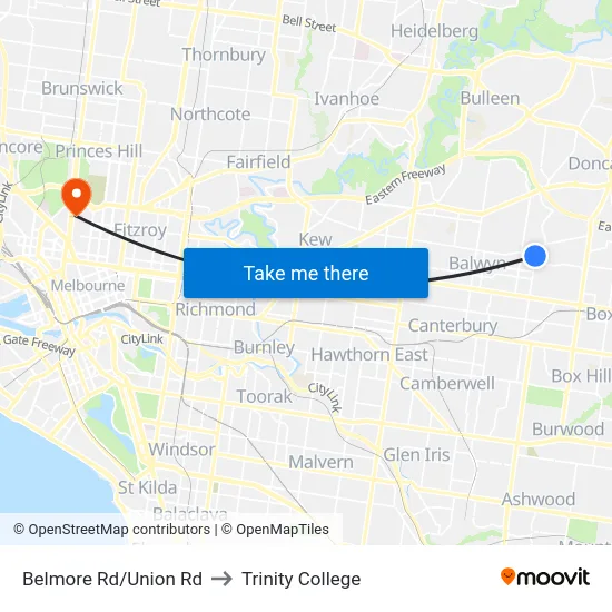 Belmore Rd/Union Rd to Trinity College map