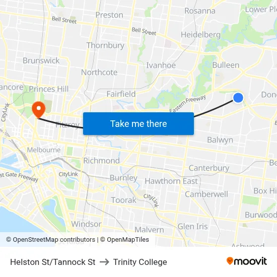 Helston St/Tannock St to Trinity College map
