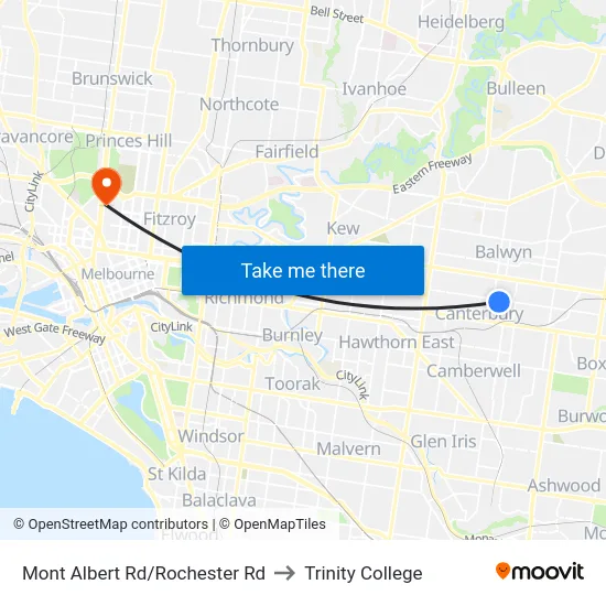 Mont Albert Rd/Rochester Rd to Trinity College map